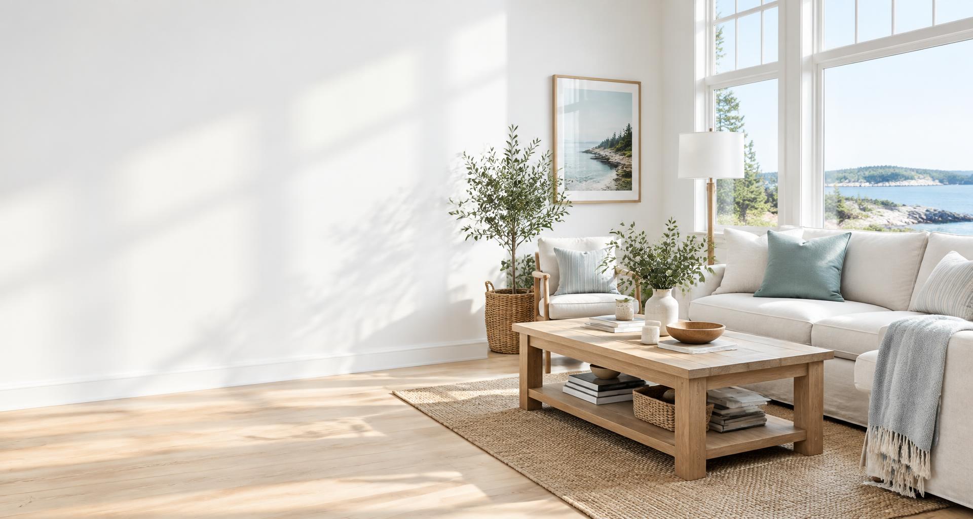 A bright, freshly cleaned coastal living room